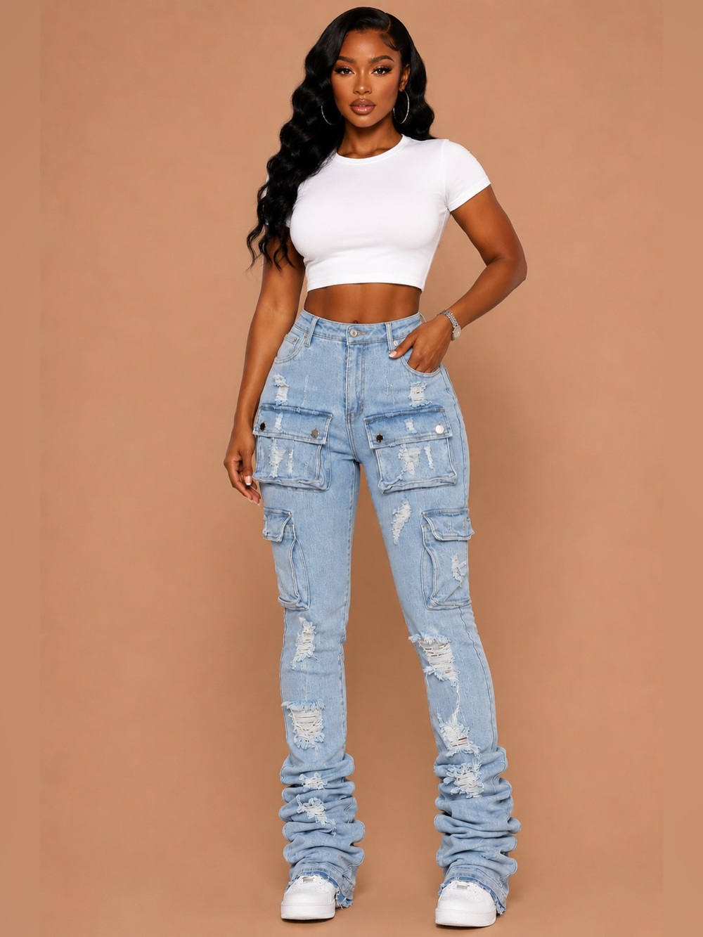 Denim Waist Wide Leg Cargo Jeans for Women